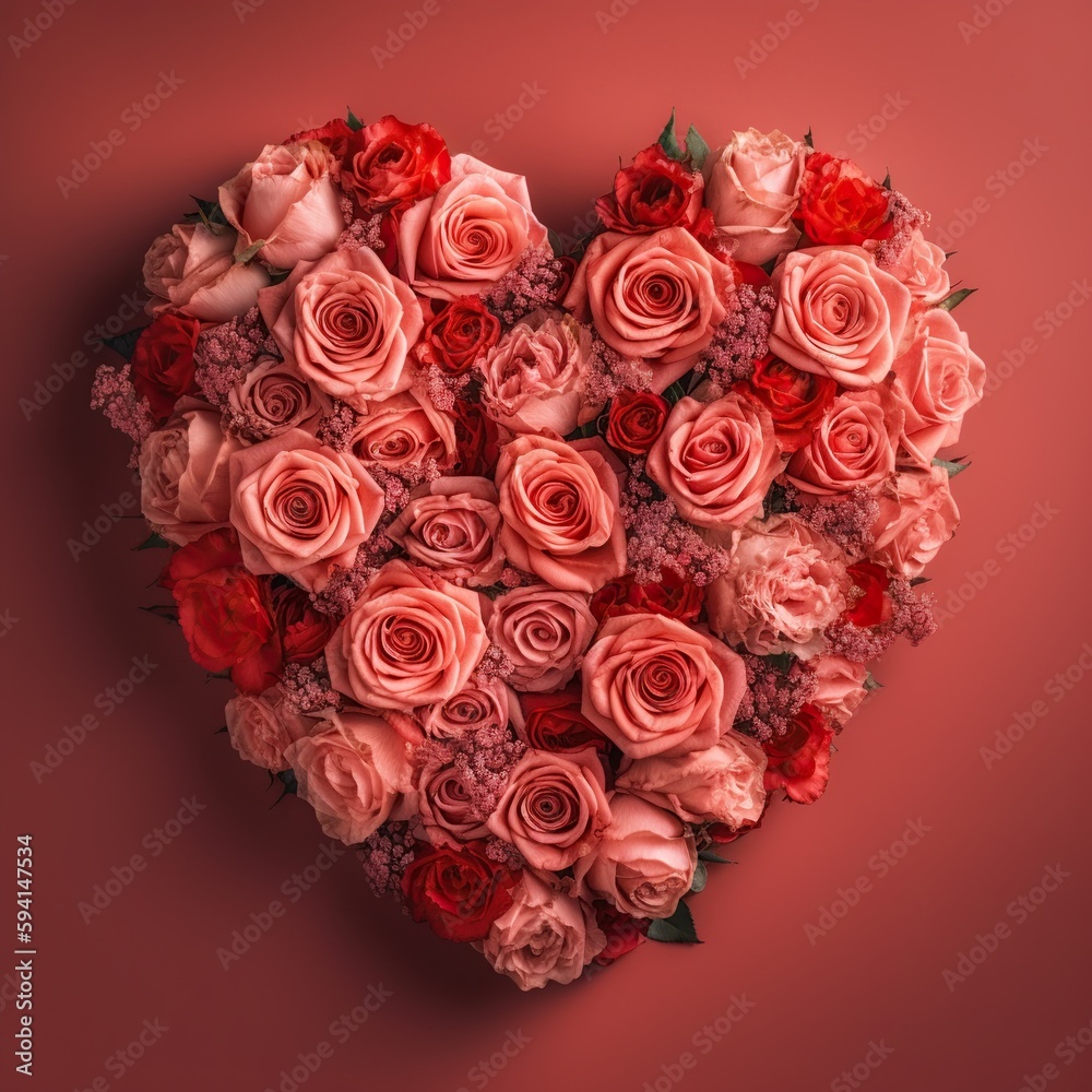 Heart made of beautiful different color roses on a light pink background, Generative AI Heart made of beautiful different color roses on a light pink background, Generative AI