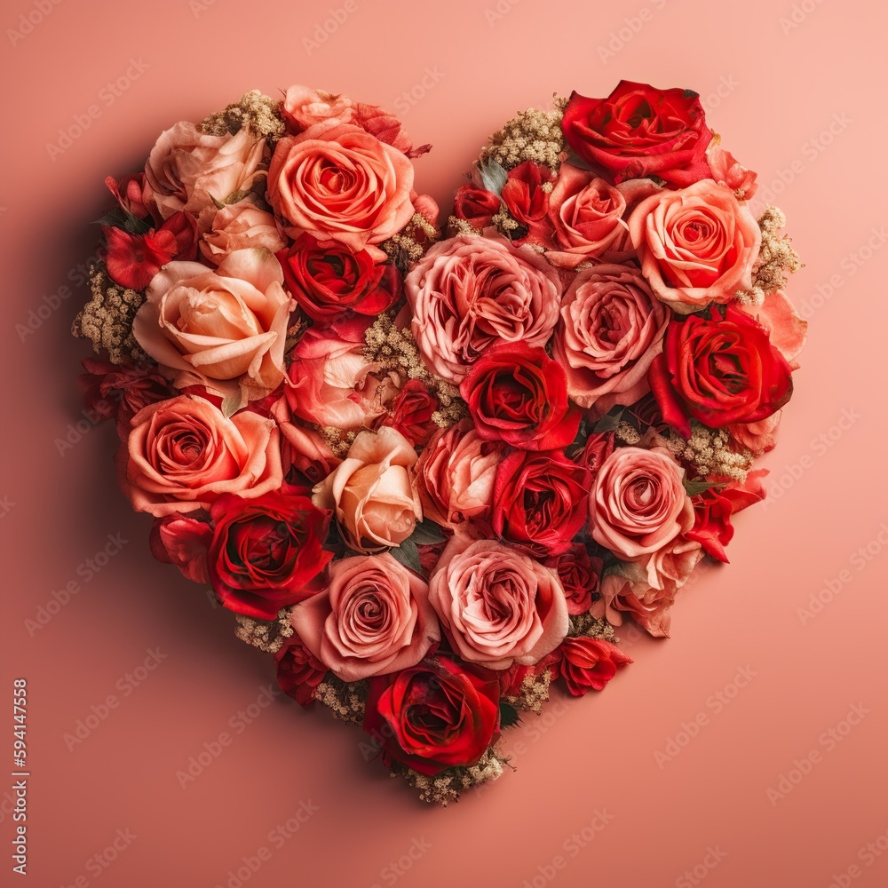 Heart made of beautiful different color roses on a light pink background, Generative AI Heart made of beautiful different color roses on a light pink background, Generative AI