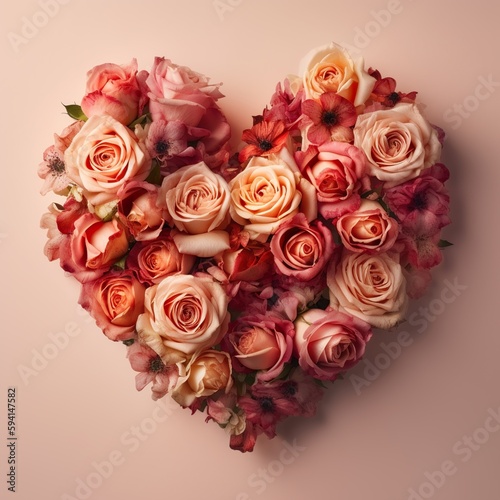 Heart made of beautiful different color roses on a light pink background  Generative AI