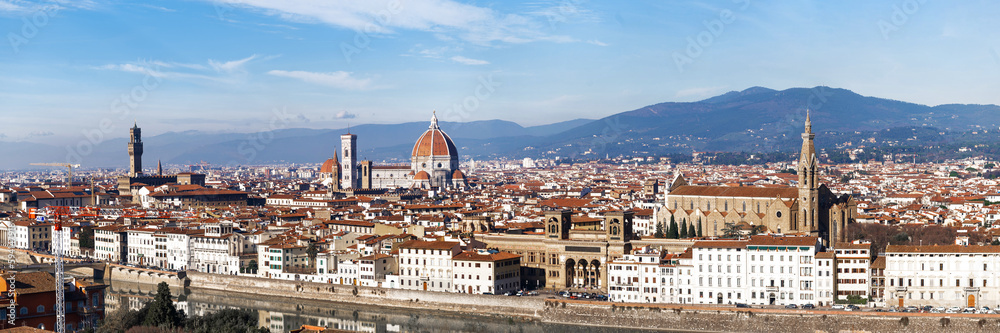 Panoramic view of Florence. Cattedrale di Santa Maria del Fiore. a bright morning day in Italy. Beautiful Italian town with orange tiles.
