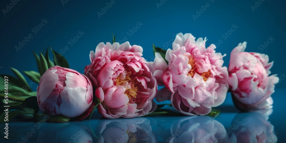 Delicate peony flowers close,up on blue background, mother's day postcard concept, women's day, wedding, Generative AI