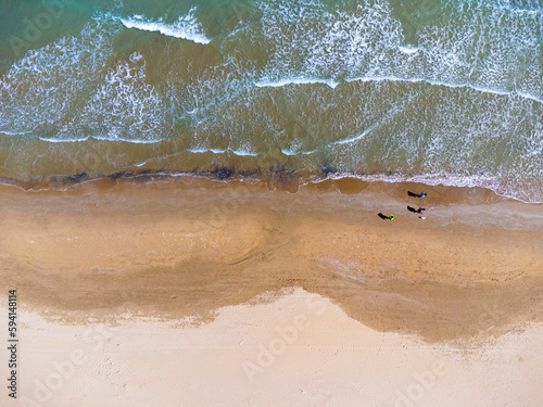 Obraz na płótnie Aerial view landscape Italy Pescara. Empty beach and sea, waves, sand. Photo from a drone. w salonie