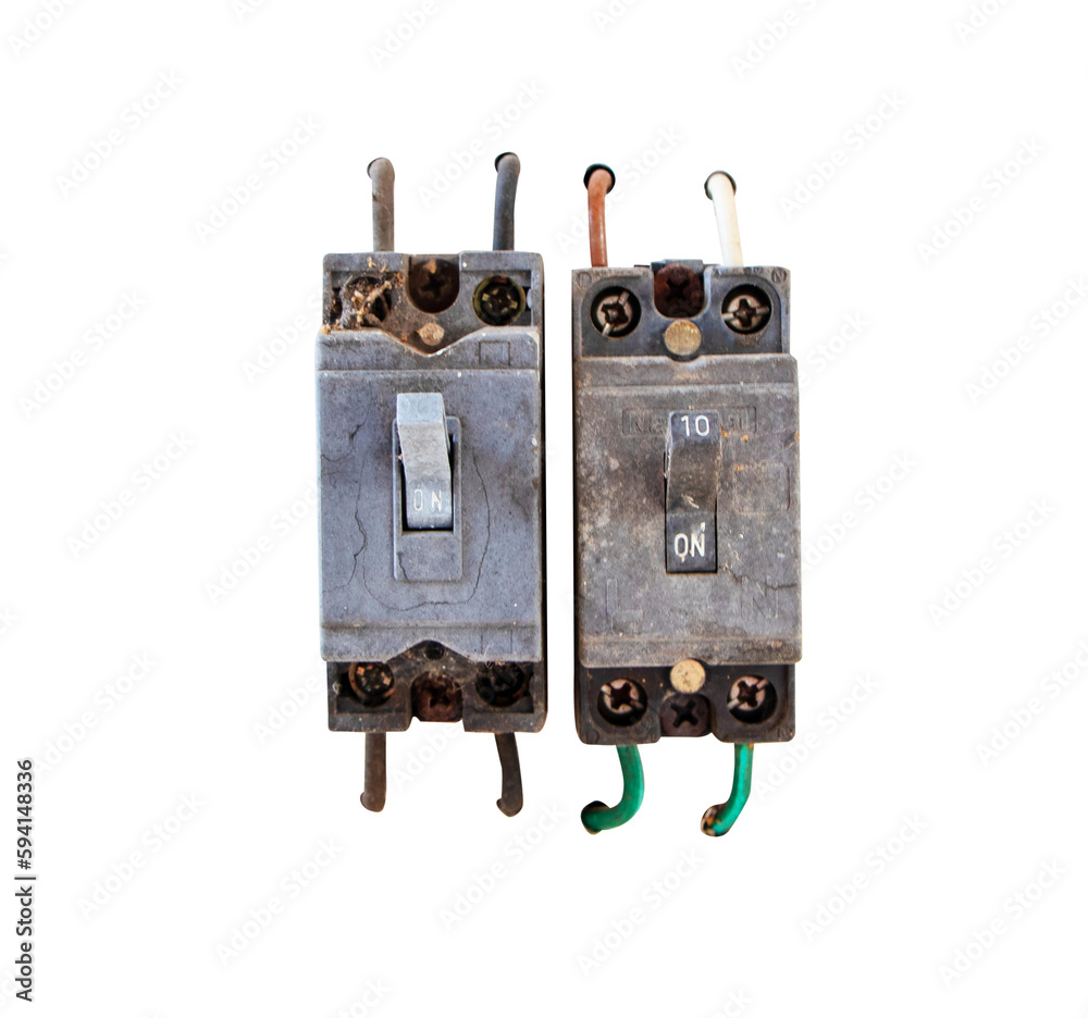 Old switch electrical safety circuit breaker box black with dust and
