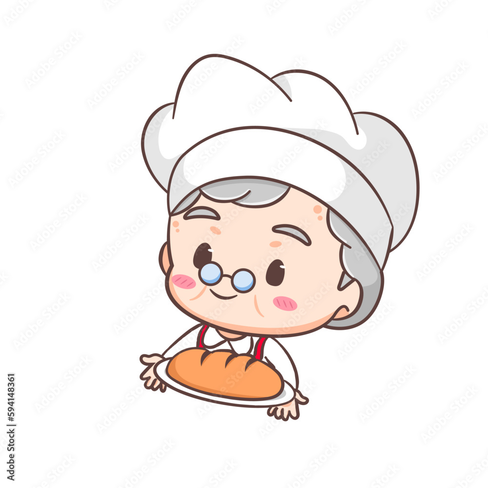 Cute Grandma cartoon character as chef baking bread. Profession Concept design. Flat adorable chibi vector illustration. Isolated white background Cute Grandma cartoon character as chef baking bread. Profession Concept design. Flat adorable chibi vector illustration. Isolated white background