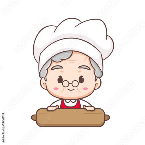 Cute Grandma as Baker cartoon character Rolling Dough. Profession Concept design. Flat adorable chibi vector illustration. Isolated white background