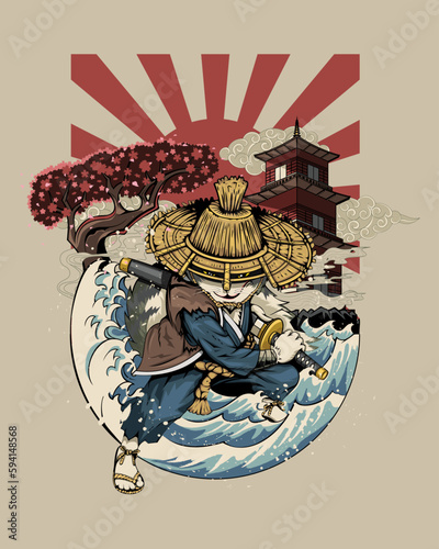 Fotografie, Tablou Ronin Cat, Ronin Neko, or Samurai Cat ready to draw his sword, with sea waves, sakura tree, temple and sunrise as background poster illustration