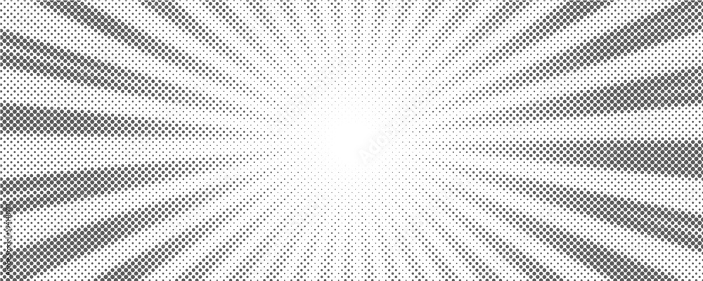 Sun rays halftone background. White and grey radial abstract comic pattern. Vector explosion abstract lines backdrop