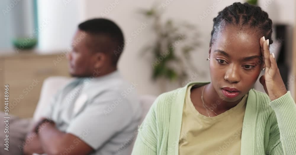 Anger, ignore and fight with black couple on sofa for divorce, breakup and conflict. Crisis, relationship problem and frustrated with man and woman in living room of home for depression, toxic or sad Anger, ignore and fight with black couple on sofa for divorce, breakup and conflict. Crisis, relationship problem and frustrated with man and woman in living room of home for depression, toxic or sad