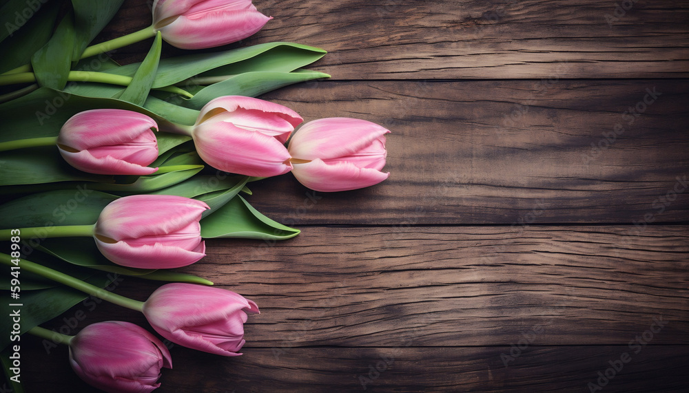 Rustic Wooden Background with Pink Tulips for Mother's Day, Generative AI Rustic Wooden Background with Pink Tulips for Mother's Day, Generative AI