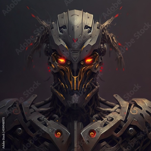 Dystopian robot with red eyes on a dark background - ai generative art