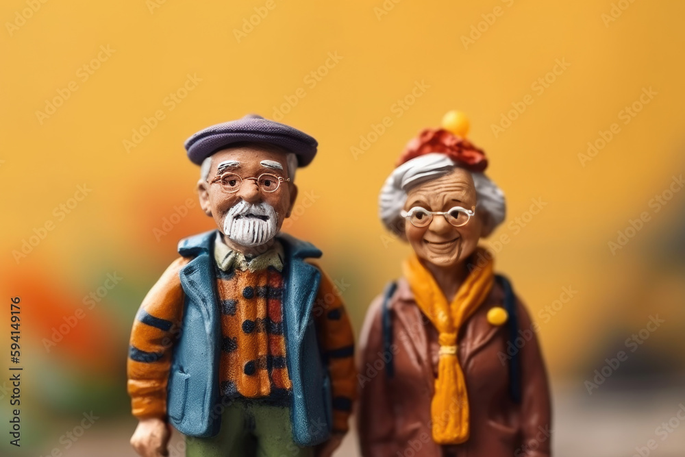 Miniature toy people elderly senior couple in warm clothes standing outdoors at autumn, created with Generative AI.