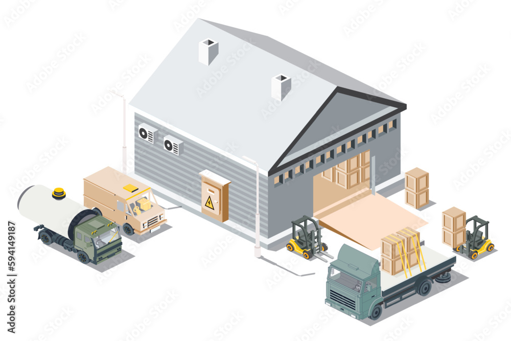 Isometric Distribution Logistic Center. Warehouse Storage Facilities with Trucks Isolated on White Background. Loading Discharging Terminal.