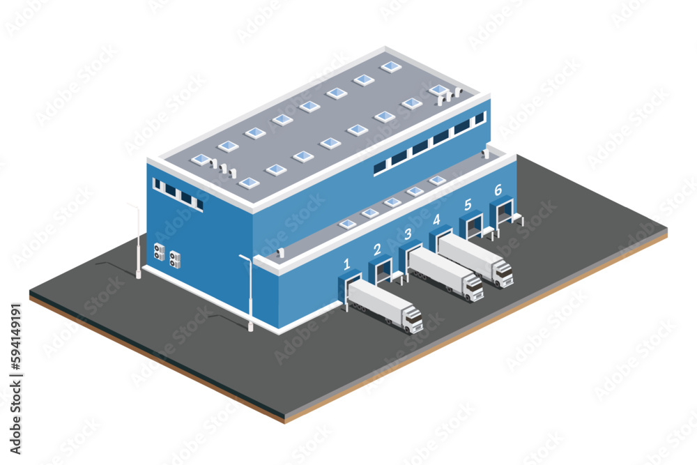 Isometric Distribution Logistic Center. Warehouse Storage Facilities with Trucks Isolated on White Background. Isometric Distribution Logistic Center. Warehouse Storage Facilities with Trucks Isolated on White Background.