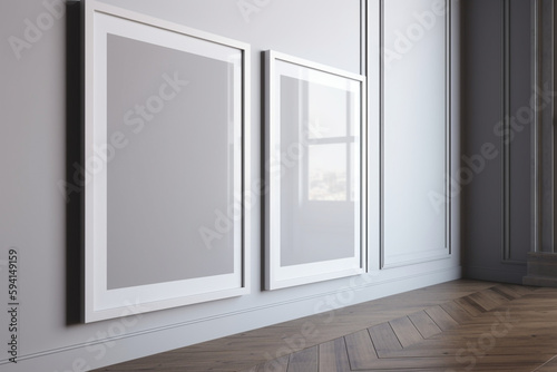 empty frame white wall with two blank picture frame mockups in modern interior, Generative AI 