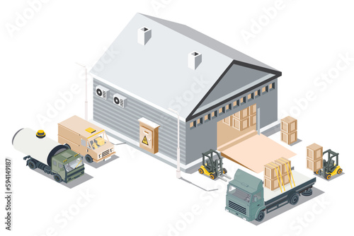 Isometric Distribution Logistic Center. Warehouse Storage Facilities with Trucks Isolated on White Background. Loading Discharging Terminal.