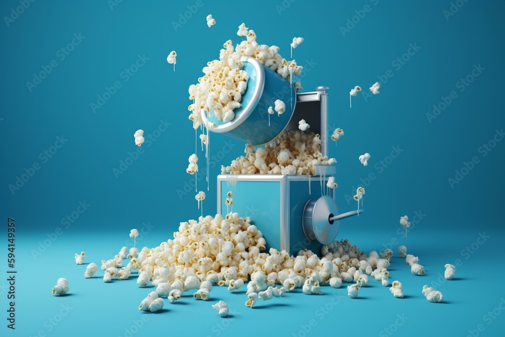 a popcorn machine with popcorn spilling out of it's top and on top of a