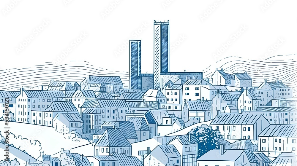 Stylized drawing of vibrant cityscape with buildings, showcasing urban renewal and sustainable mixed-use development. Public infrastructure and landscape planning for urban environment. Generative AI Stylized drawing of vibrant cityscape with buildings, showcasing urban renewal and sustainable mixed-use development. Public infrastructure and landscape planning for urban environment. Generative AI