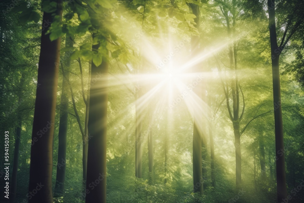Fototapeta premium sunlight streaming through trees in a beautiful forest. Generative AI
