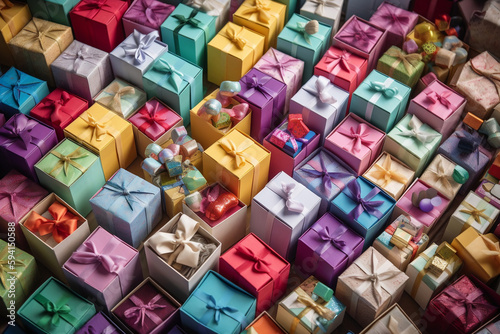 Colorful gift boxes arranged in an artful composition for holiday cards or special occasions such as, Mother's Day, Generative AI