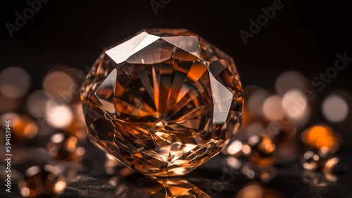 A close-up shot of a sparkling brown diamond with facets catching the light