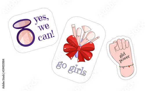 Set of vector feminist stickers. Cartoon icons of feminist symbols with inspirational quotes. Set of trendy inscriptions on women empowerment, self-acceptance and gender equality.