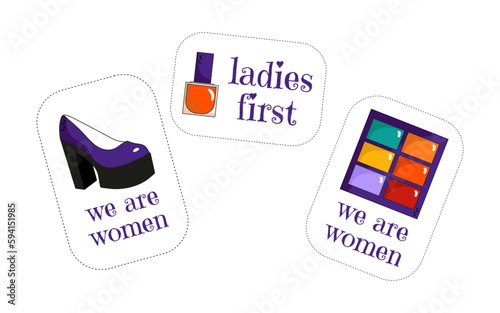 Set of vector feminist stickers. Cartoon icons of feminist symbols with inspirational quotes. Set of trendy inscriptions on women empowerment, self-acceptance and gender equality.