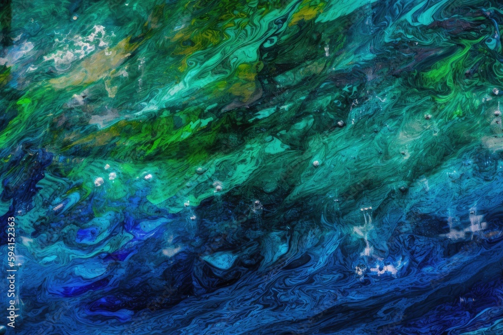 an abstract painting featuring shades of blue, green, and yellow. Generative AI