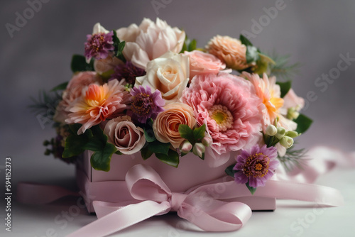 Bouquet of various flowers lies on a festive box with a satin ribbon, on a light background, Festive composition for Mother's Day, birthday, wedding, Generative AI