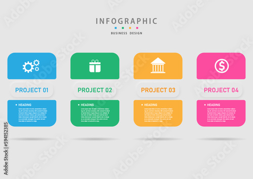 Modern Business Infographic beautiful bright multicolored squares There is a button with a letter in the middle of the icon above and the letter below a clean gray background.