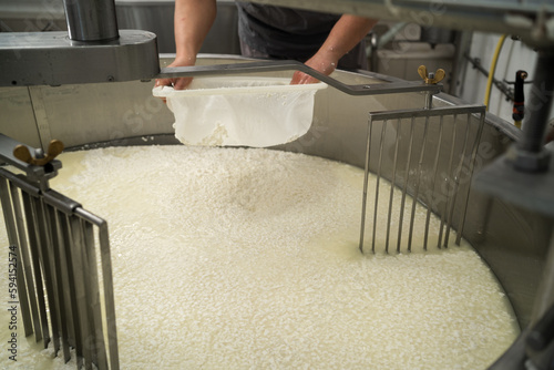 cheese production and storage of dairy. Cheese factory employee separation of curd from whey in a local factory. photo
