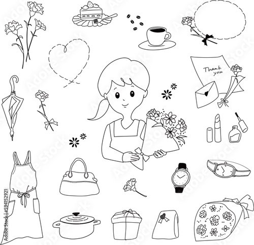 母の日のかわいいイラストセット　モノクロ