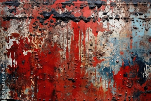 weathered metal surface with peeling red and blue paint. Generative AI