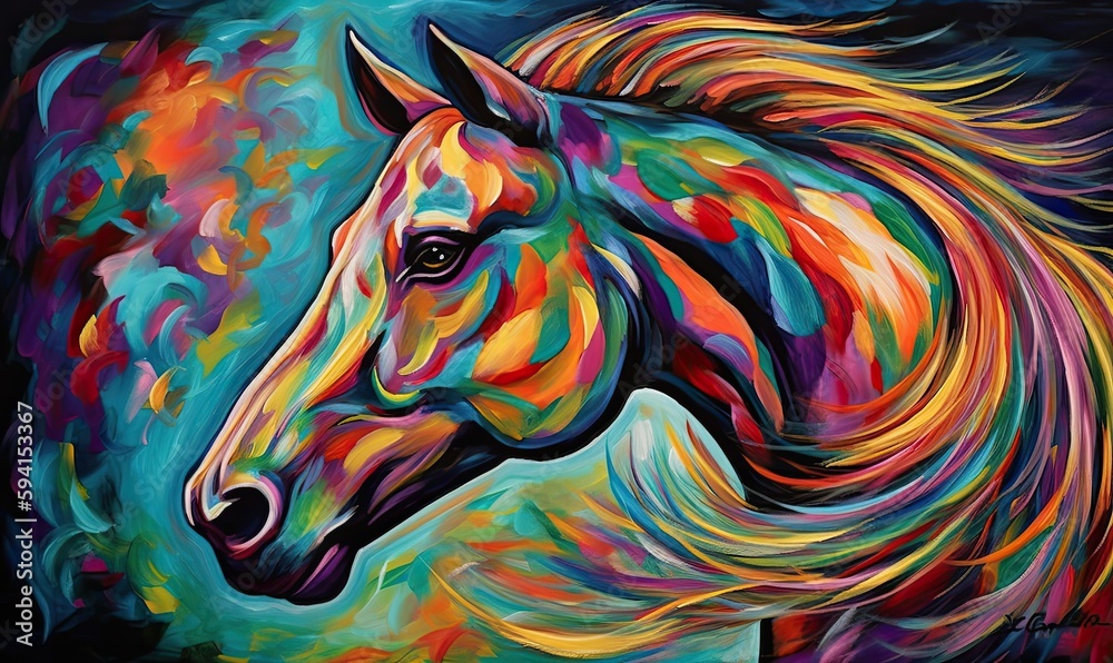 Spectacular artwork created by a colorful painting horse Creating using generative AI tools