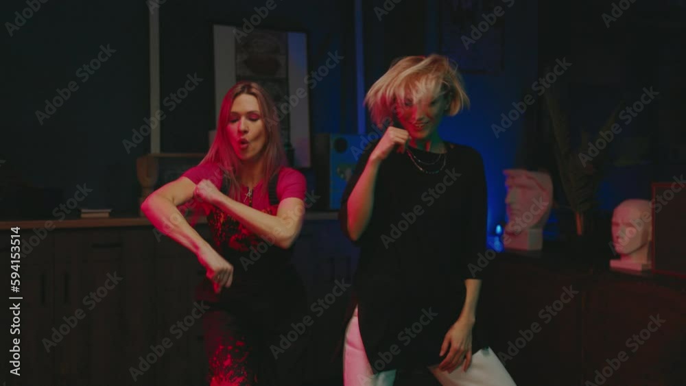 Influencer On Social Media. Two Girls Rhythmically Dances. Blonde Turns On Camera And They Start Dancing. Funny Girls.