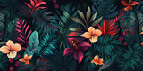 Jungle flower pattern with tropical palm leaves and flowers on dark background, Generative AI