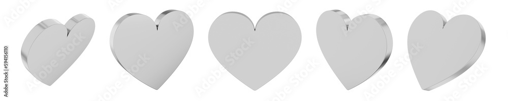 Set of silver flat hearts. Views from different sides. 3D rendering. Symbol of love, likes, romance. PNG icon on transparent background. Set of silver flat hearts. Views from different sides. 3D rendering. Symbol of love, likes, romance. PNG icon on transparent background.