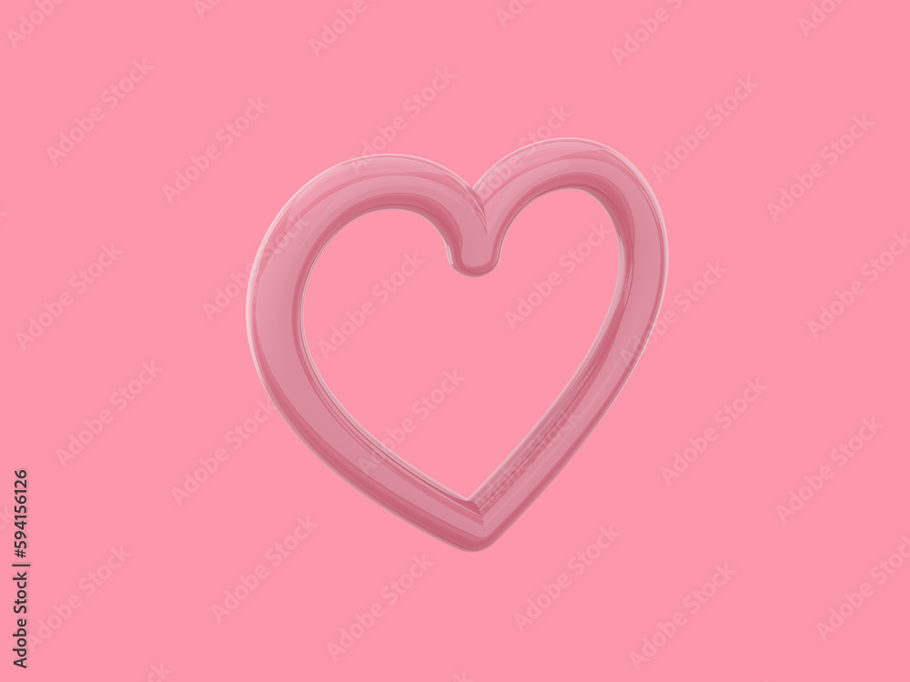 Toy heart. Pink mono color. Symbol of love. On a solid pink background. View left side. 3d rendering.
