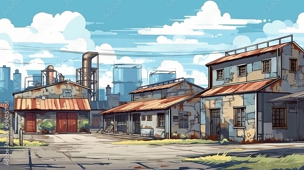 Obraz premium アニメ風の工場の町並み：AI作品 
