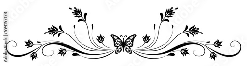 Decorative floral ornament with butterfly, leaves, flowers and abstract lines. Element for decor and greeting card design