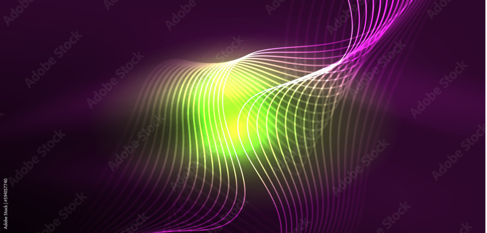 Shiny glowing neon wave. Neon light or laser show, electric impulse, power lines, techno quantum energy impulse, magic glowing dynamic lines Shiny glowing neon wave. Neon light or laser show, electric impulse, power lines, techno quantum energy impulse, magic glowing dynamic lines