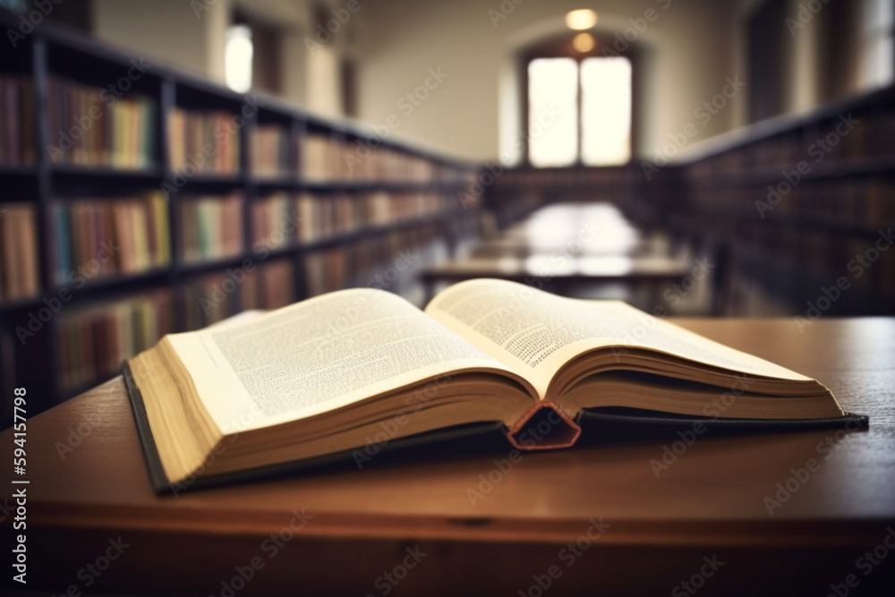 The Book Day concept of education and learning is shown with a book being opened in an old library and a classroom full of book shelves in the blurred background. Generative AI The Book Day concept of education and learning is shown with a book being opened in an old library and a classroom full of book shelves in the blurred background. Generative AI