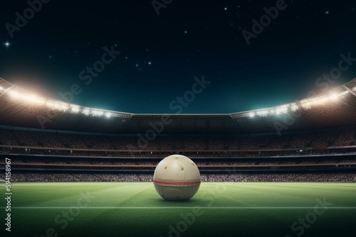 Sport stadium with cricket ball at night as wide backdrop. Digital 3D illustration for background advertisement. Generative AI