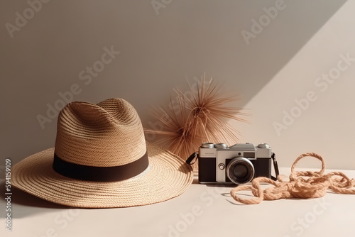 hat and vintage camera  travel vacation concept with empty space photo  minimal style  isolated background