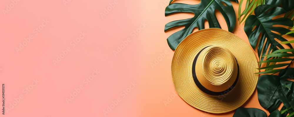 hat and palm leaves, travel vacation concept with empty space photo, minimal style, isolated background