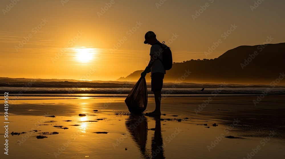 Volunteer with bag silhouetted against the sun on the beach