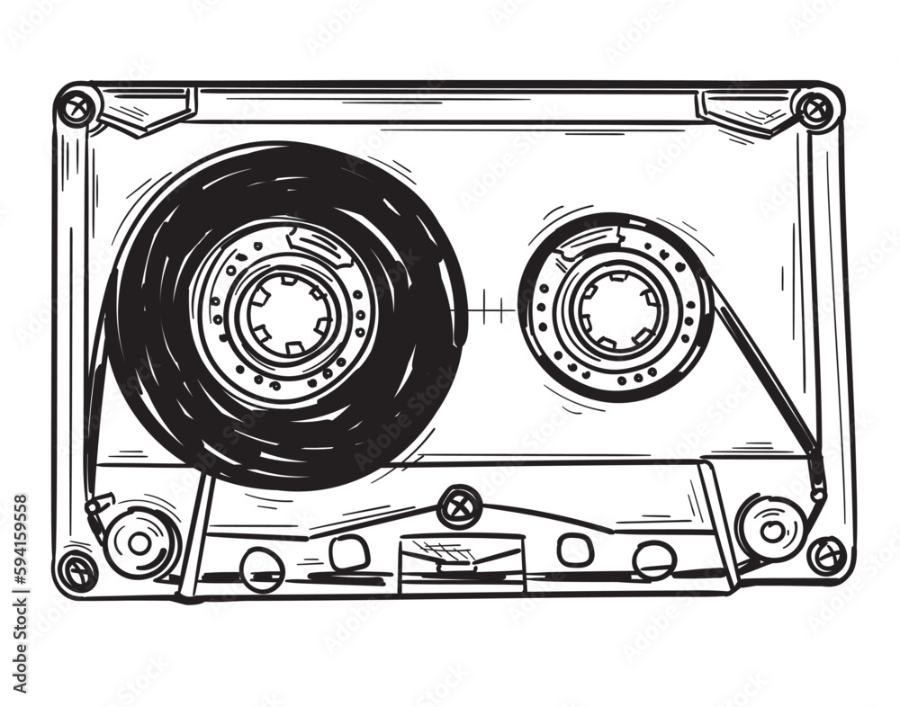 Hand drawn black and white old music audio cassette