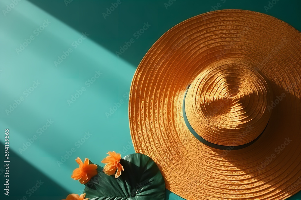 hat with decorative elements, travel vacation concept with empty space photo, minimal style, isolated background