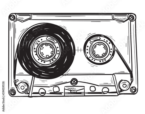 Hand drawn black and white old music audio cassette
