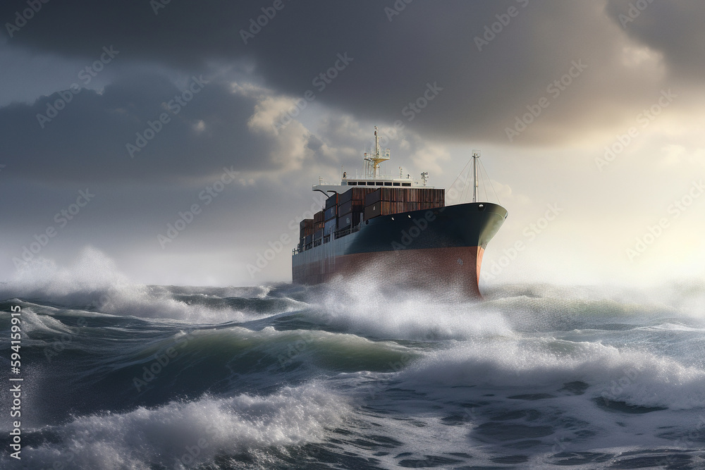 Cargo ship in the open sea, stormy weather and braking waves. Ai generated illustration. Cargo ship in the open sea, stormy weather and braking waves. Ai generated illustration.