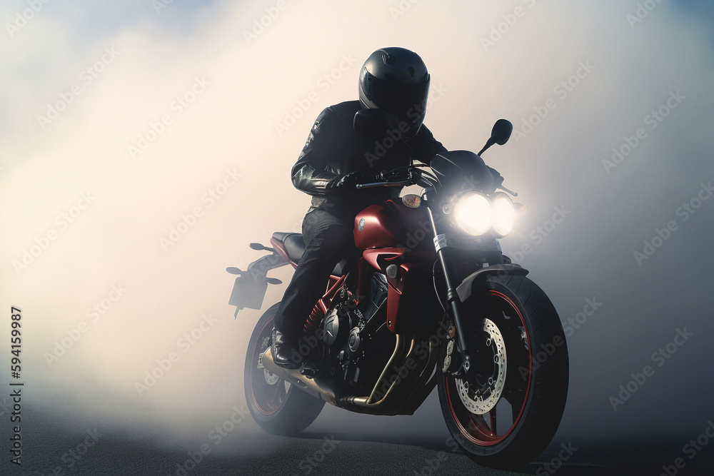 Photorealistic illustration of biker riding at the city street. Ai generated illustration Photorealistic illustration of biker riding at the city street. Ai generated illustration